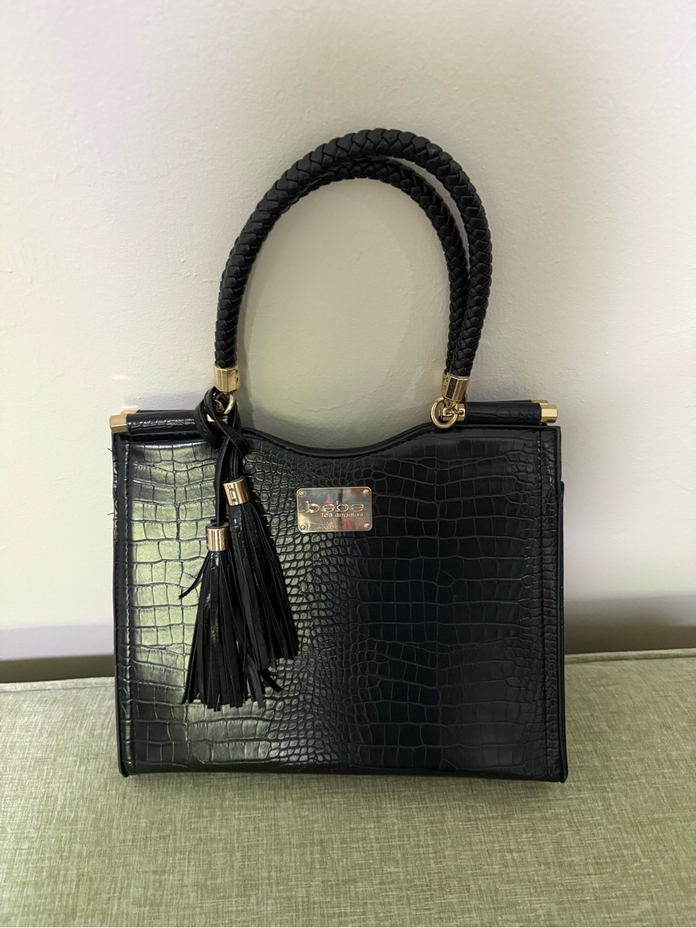 bebe Black Croc-Embossed Satchel with Braided Handles & Tassel
